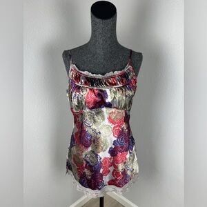 VTG Y2K 00s DKNY Jeans Silk Lace Tank Top Babydoll Colorful Floral Size 14